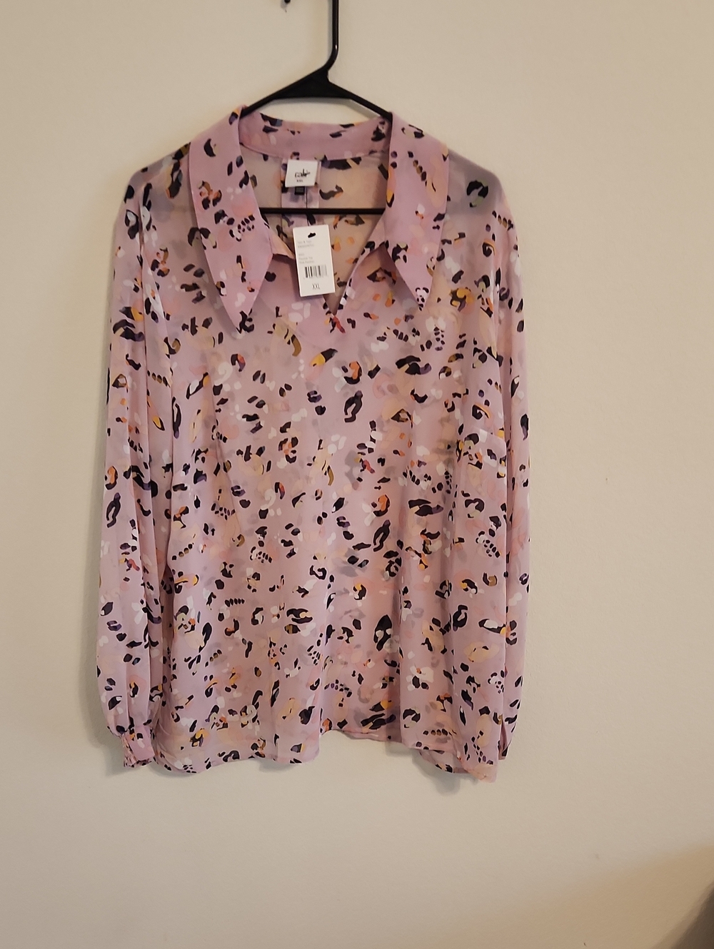 CAbi Lavender Printed Long-Sleeve Blouse with Multicolor Leopard Spots
